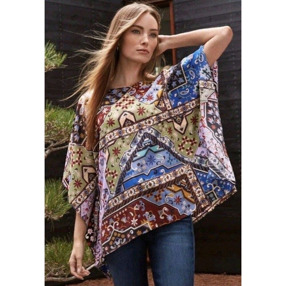 Johnny Was 100% Silk Size L Miklos Easy Top Kimono Blouse Poncho Kaftan NWT